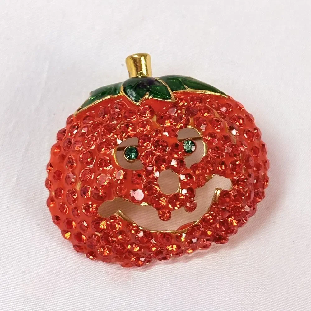 Halloween Fall Pumpkin Jack-o-lantern Rhinestone Enamel Pin 1.5”